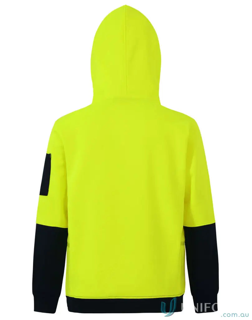 Neon yellow HiVis Water Resistant Fleece Hoodie SW91 with black sleeves and patch