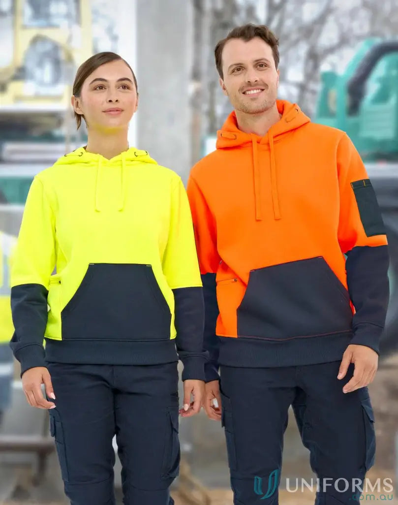 Two people wearing HiVis Water Resistant Fleece Hoodie SW91 and dark pants outdoors