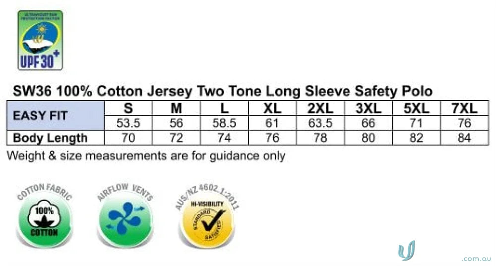 Clothing size chart for HiVis Cotton Jersey LS Polo with sw36 cotton jersey two tone long sleeve style