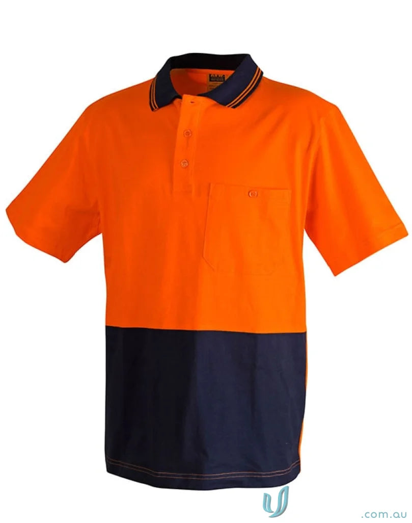 Orange and navy blue short-sleeved jersey safety polo shirt made of sw35 cotton with two tone safety style