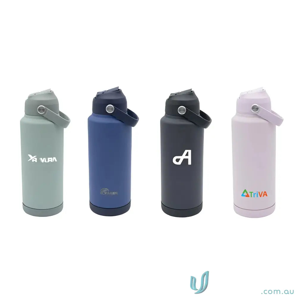Four stainless steel Holly 1 Litre water bottles with powder-coated exterior showing uniforms