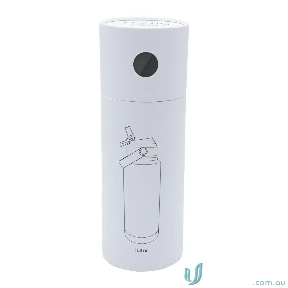 White cylindrical stainless steel water bottle with black circle and line drawing of water bottle
