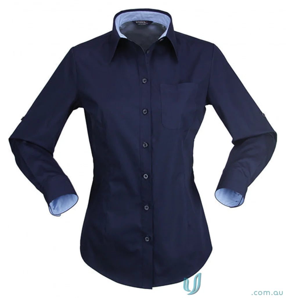 Hospitality Nano ladies long sleeve workwear shirt with light blue accents and chest pocket