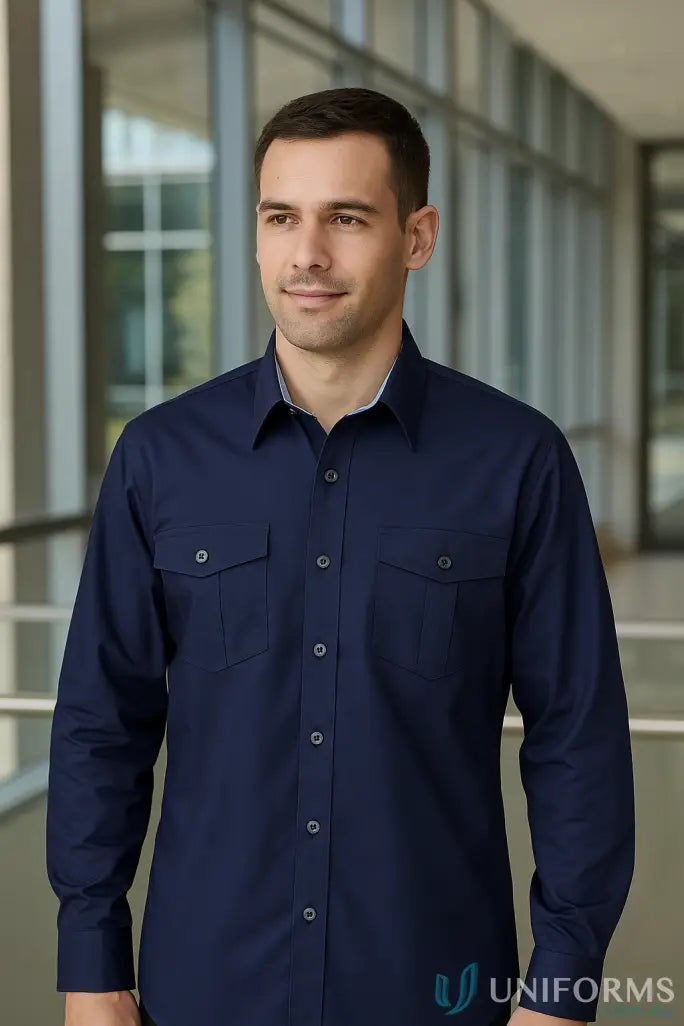 Men’s navy blue long sleeve shirt with chest flap pockets from Hospitality Nano 2034L