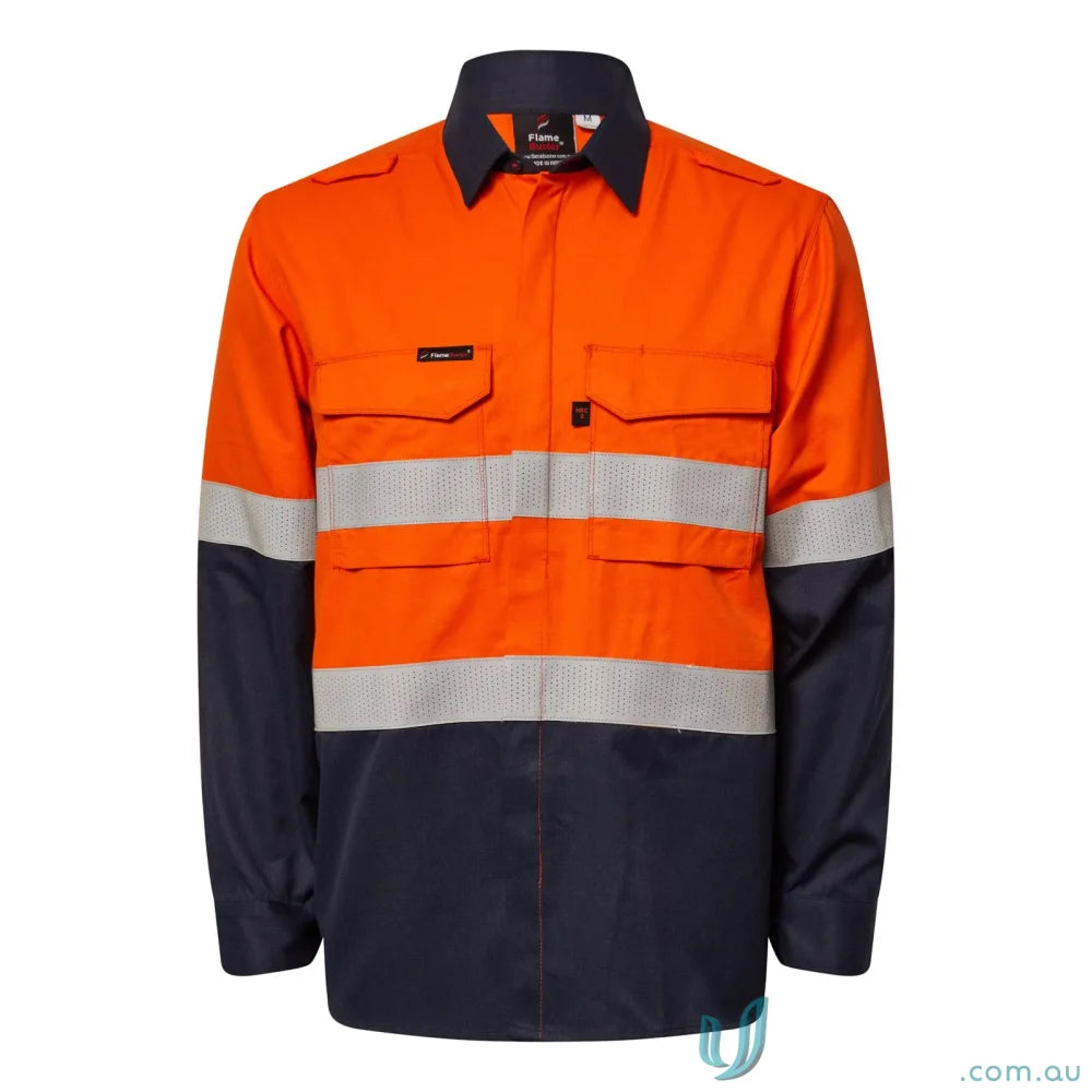 Orange and navy HRC2 Inherent HiVis Reflective LS Shirt with gusset sleeves