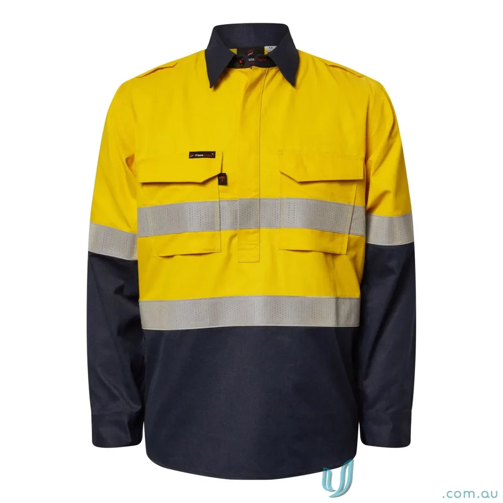 Yellow and navy blue long-sleeved HRC2 reflective flame-resistant work shirt for heavy-duty industries