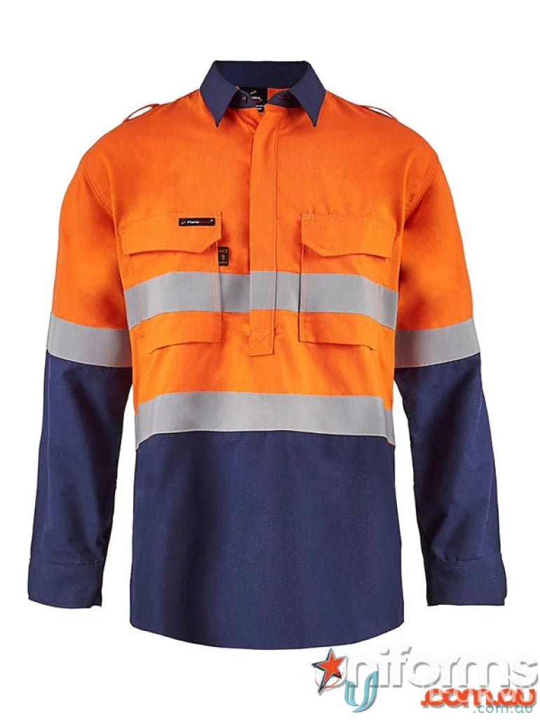 Orange and blue long-sleeved HRC2 reflective flame-resistant work shirt for heavy-duty industries