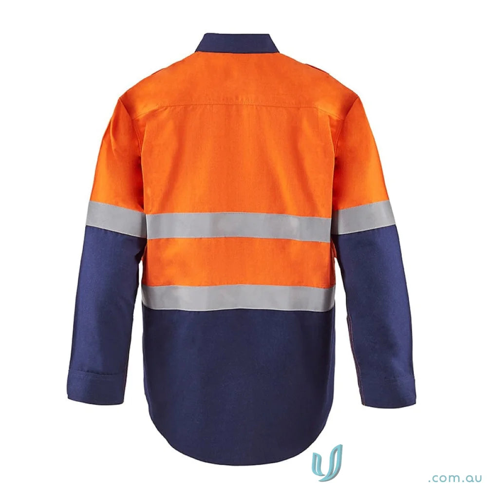 Orange and blue reflective work shirt from HRC2 Inherent Reflective Series for flame-resistant protection