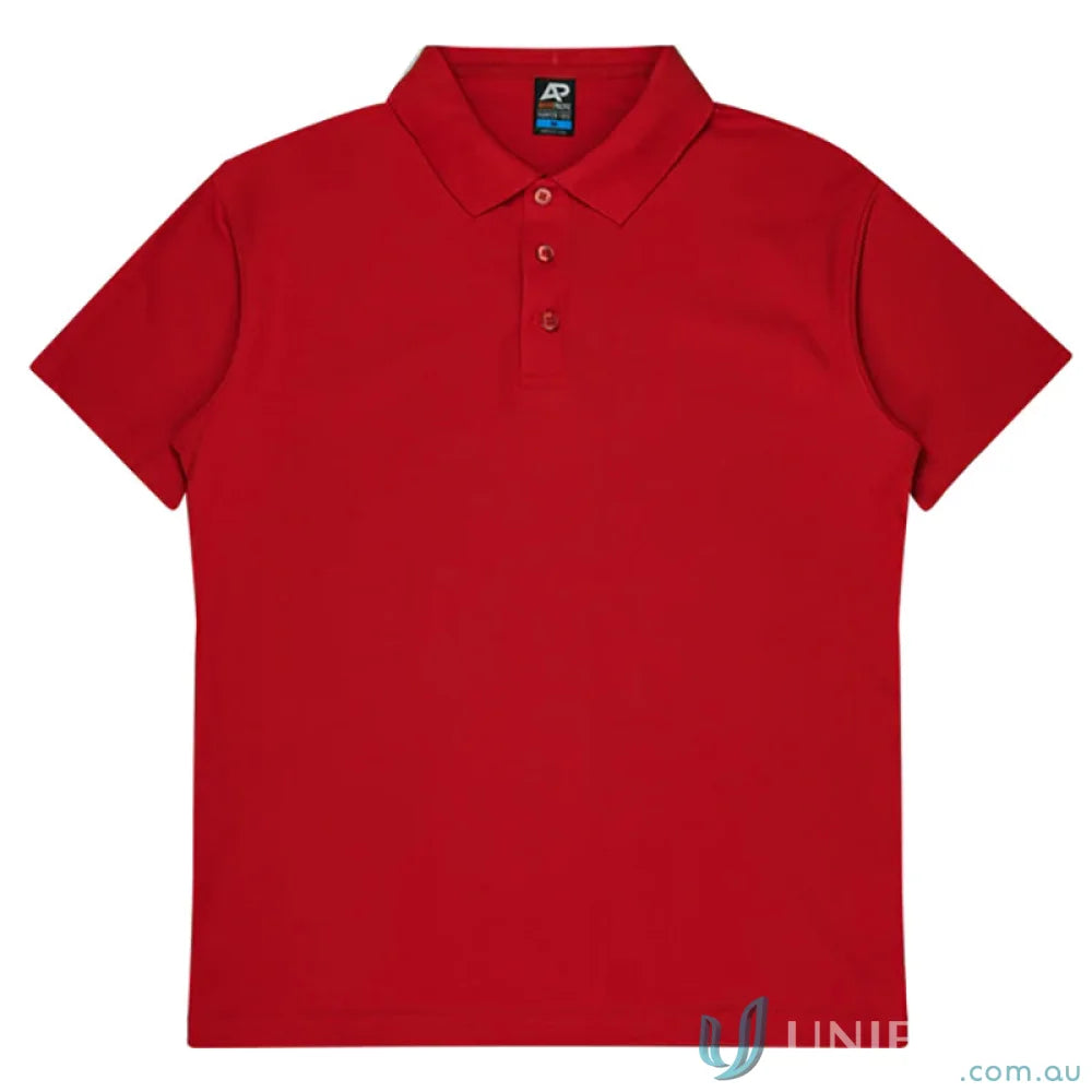 Red short-sleeved pique knit polo shirt from Hunter Adult Polo, perfect for uniforms or workwear