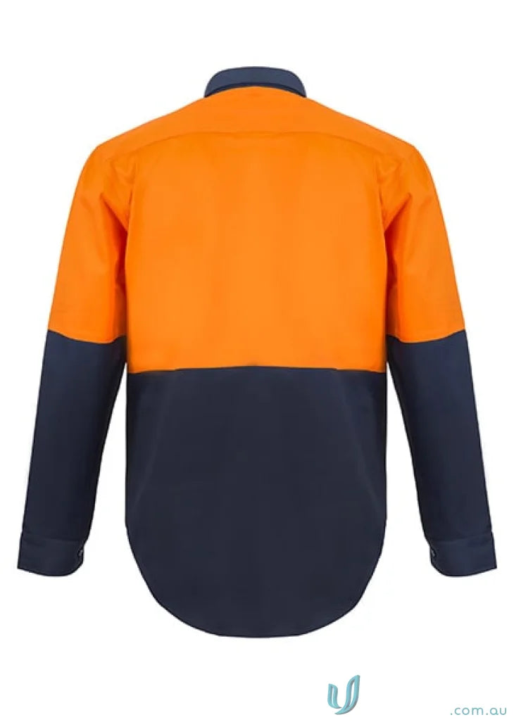 Orange and navy blue two tone workwear shirt made from lightweight cotton