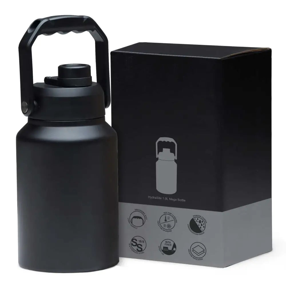 Black matte hydrasite 1.9l mega bottle with insulated finish and handle next to packaging ideal for work uniforms and uniforms