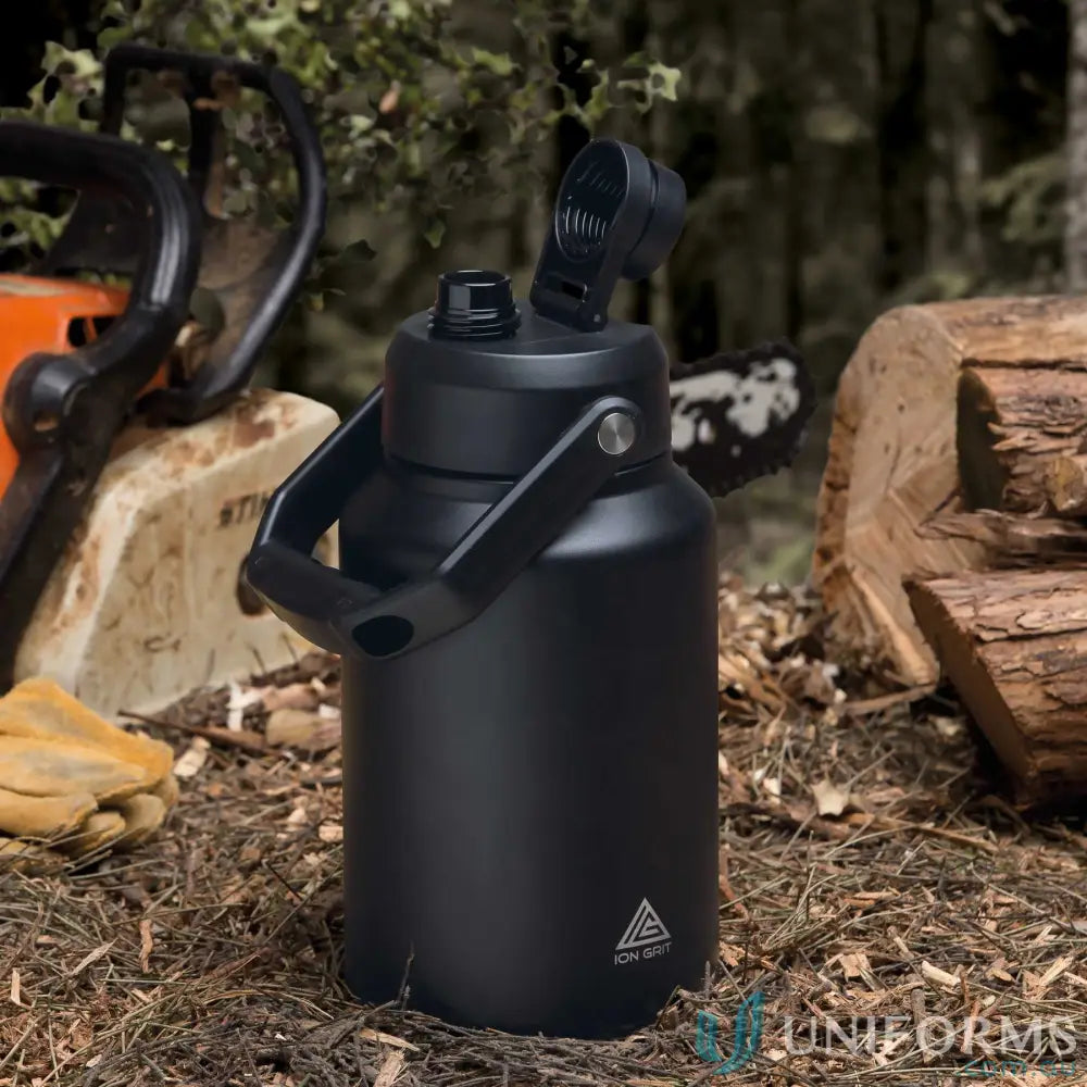 Black stainless steel HydraSite 1.9L mega bottle with twist‑on leak‑proof spout lid