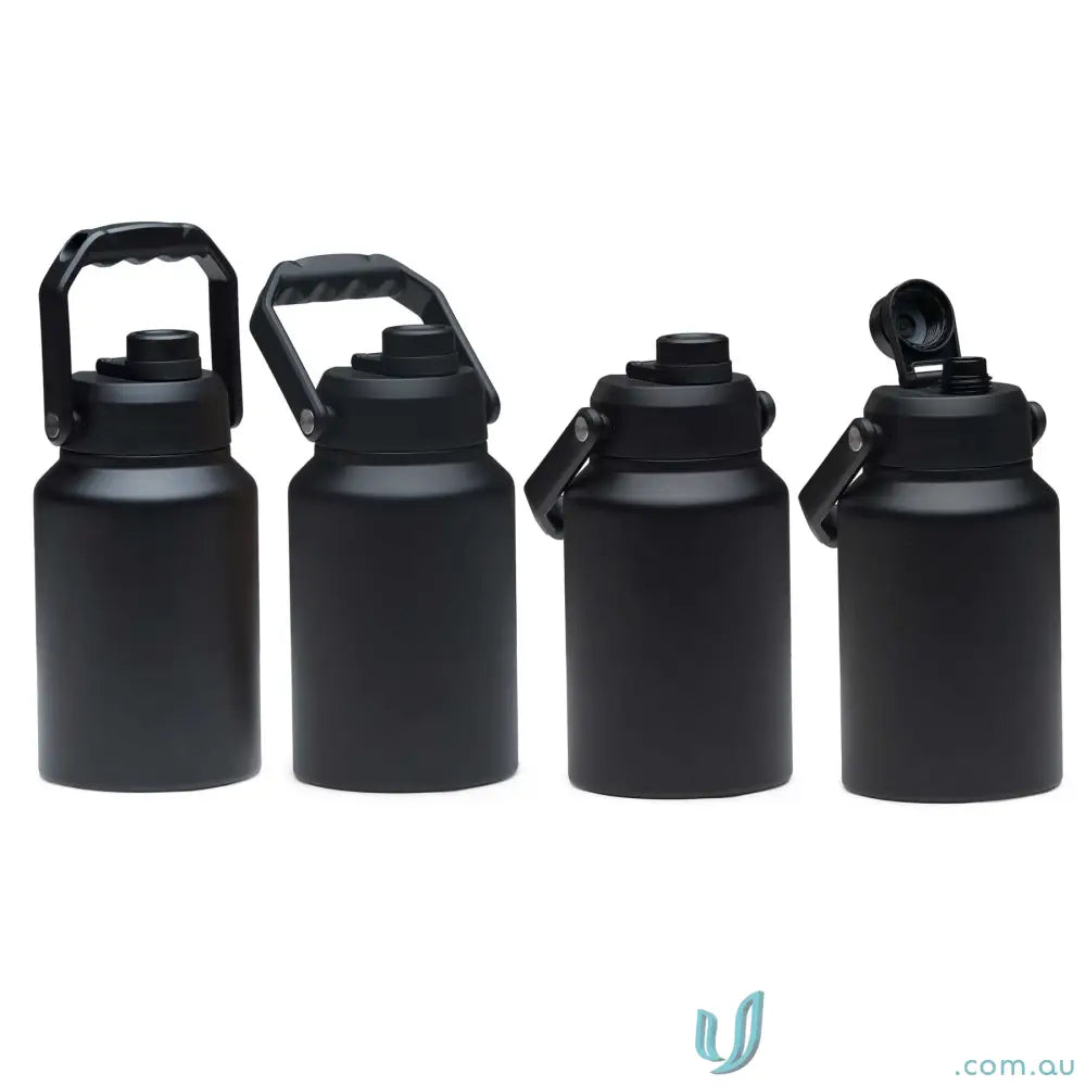 Four black stainless steel HydraSite Mega Bottles with twist‑on leak‑proof lids