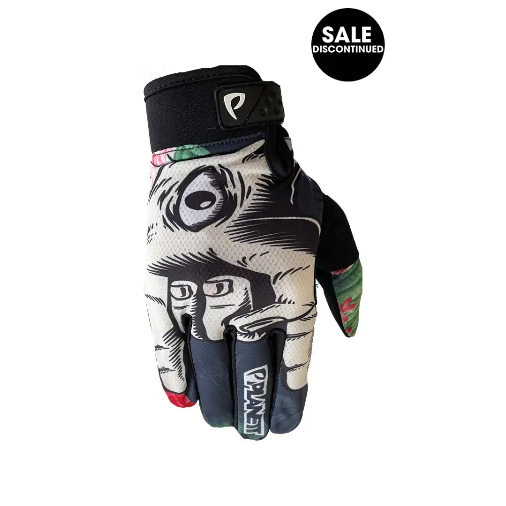 Black and white icu glove motorcycle glove with colorful floral accents and stylized face on back, perfect for workwear uniforms