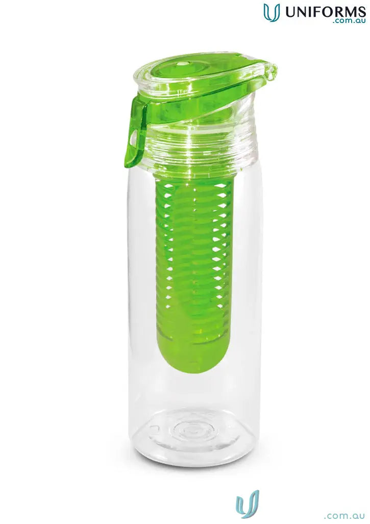 Clear water bottle with green infuser for fresh hydration and workwear style