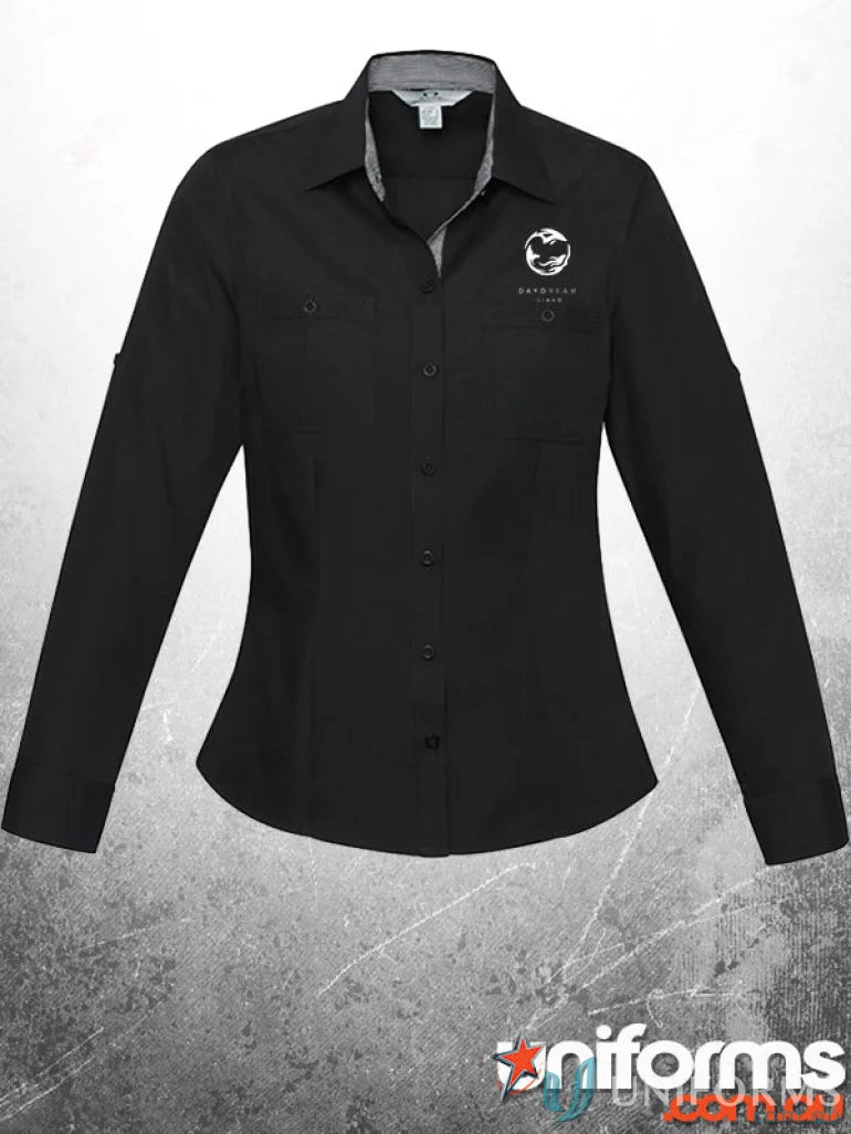 Black long-sleeved button-down workwear shirt perfect for uniforms and work uniforms