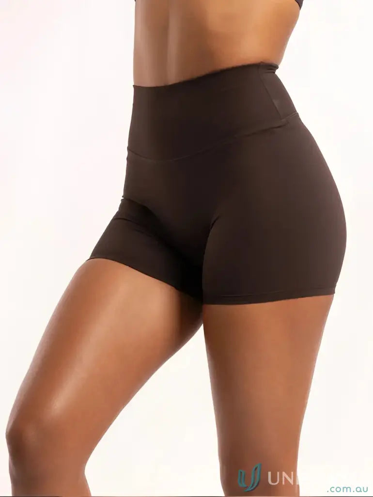 Brown high-waisted athletic shorts with invisible scrunch, perfect for uniforms or workwear