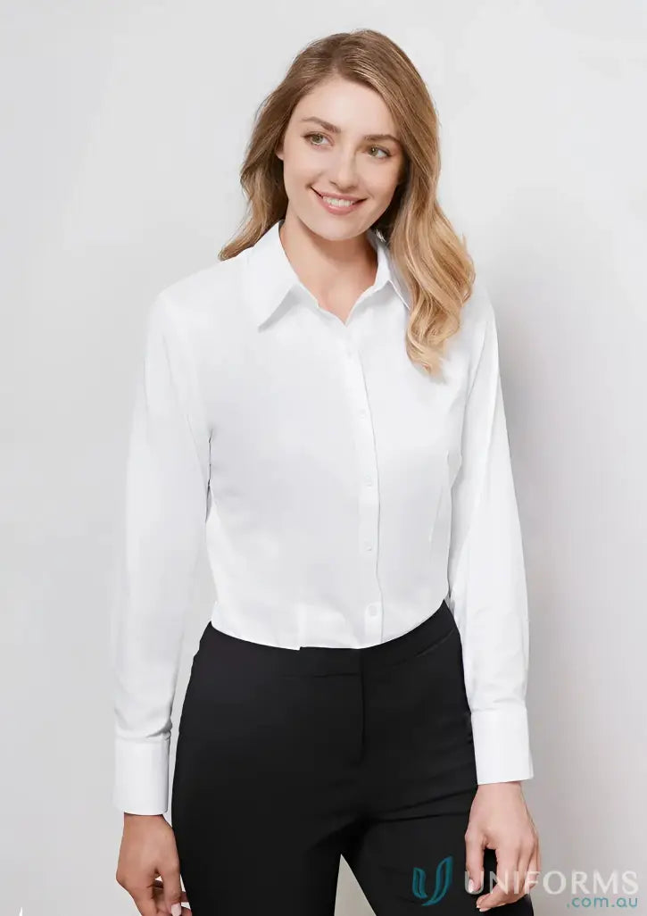 Woman wearing IOP EMB Ladies Premium Cotton LS Shirt in mini herringbone pattern