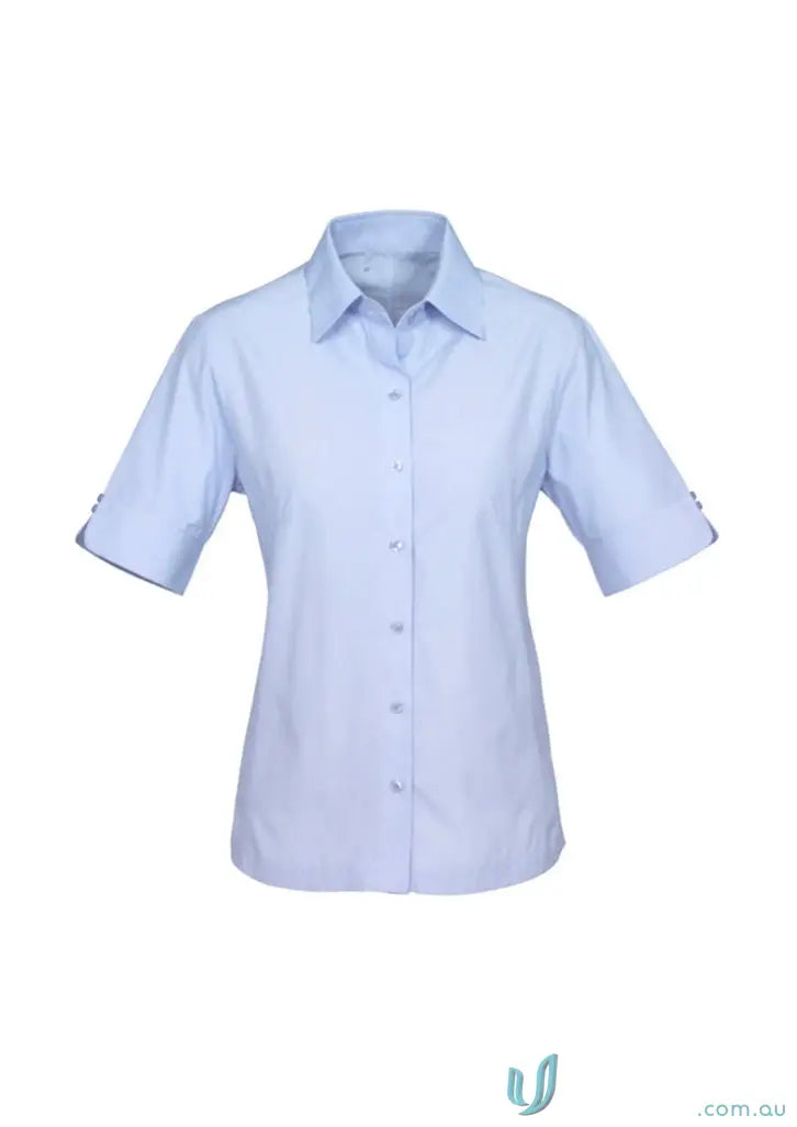 Light blue women’s short-sleeved button-up shirt for professional uniforms and workwear