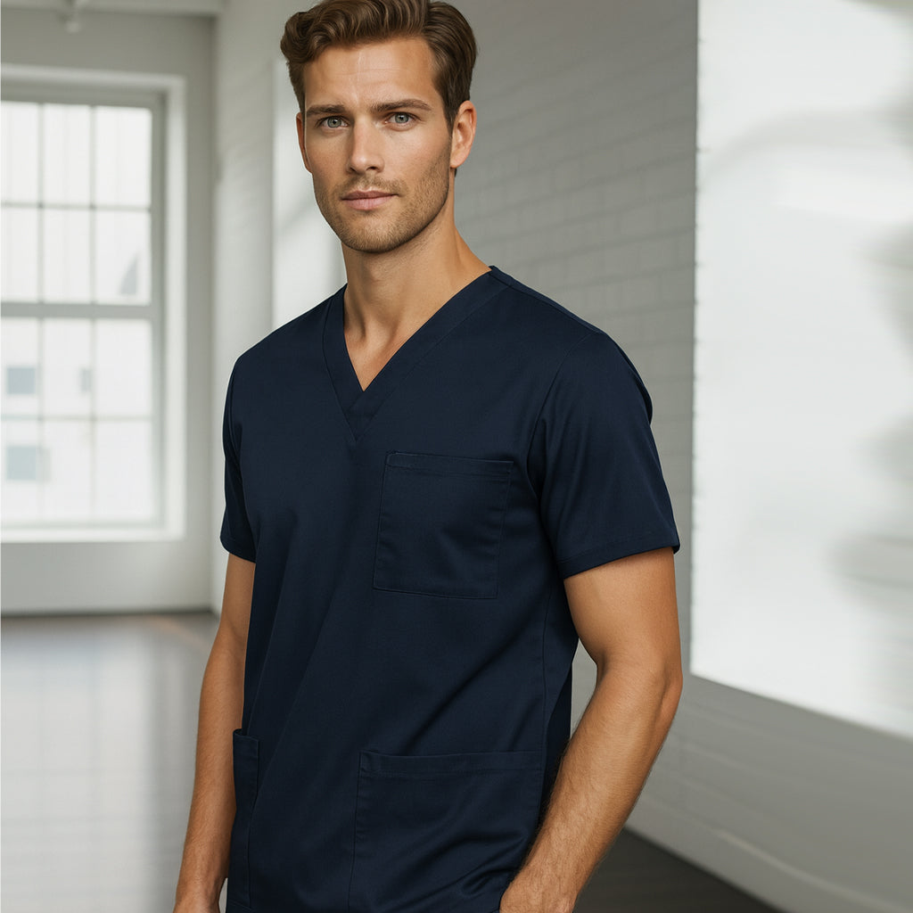 Navy blue v-neck IOP (EMB) unisex scrub top with chest pocket workwear