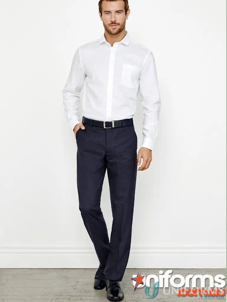 Man modeling IOP Mens Flat Front Pant with white shirt, perfect for work uniforms