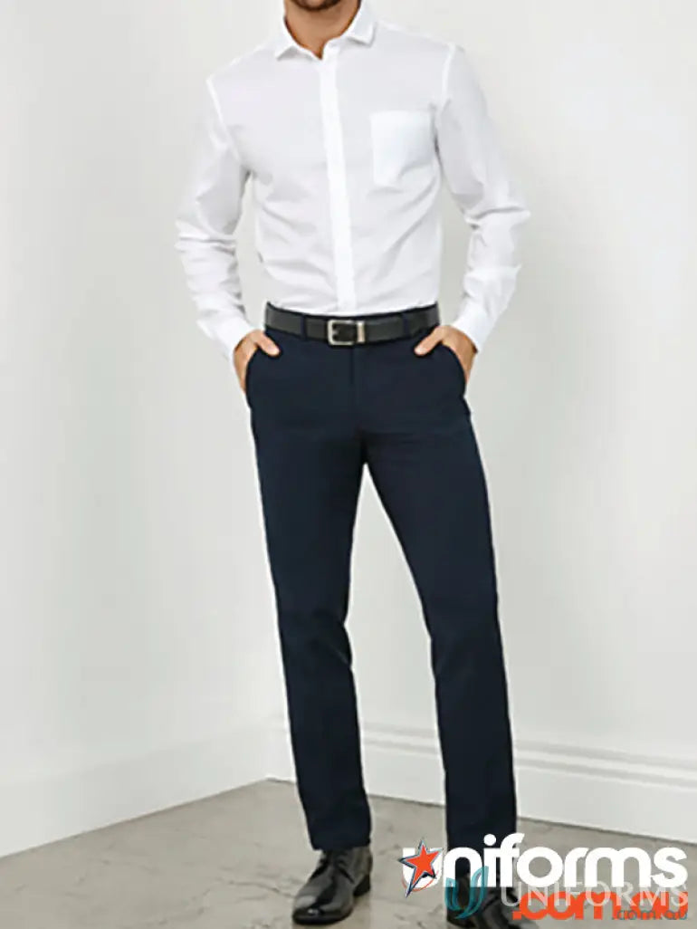 Man in white shirt and navy IOP Mens Slim Fit Classic Pant B S720M for mens classic slim style