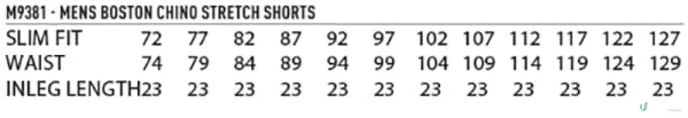 Men’s Boston Chino Shorts size chart for IOP Stretch SlimFit Boston Chino Shorts M9381 men’s stretch