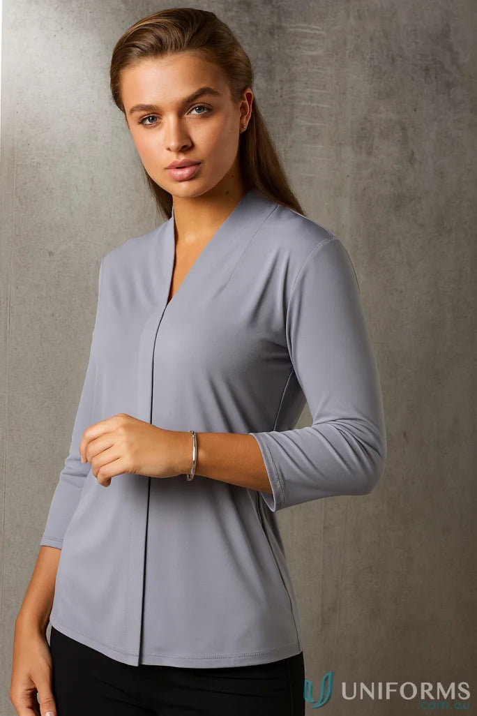Ladies Isabel Stretch Knit Top in light grey with V-neck and three-quarter sleeves