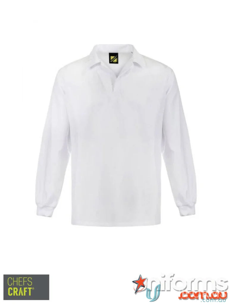 White long-sleeved Jac LS Polo chef shirt with v-neck for food processing plants and sun protection