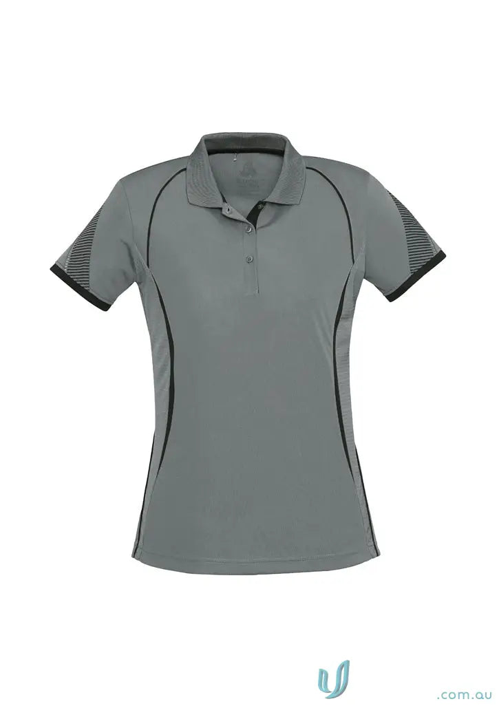 Jani-King EMB ladies polo in grey with black trim and mesh accents, made of polyester sports interlock fabric