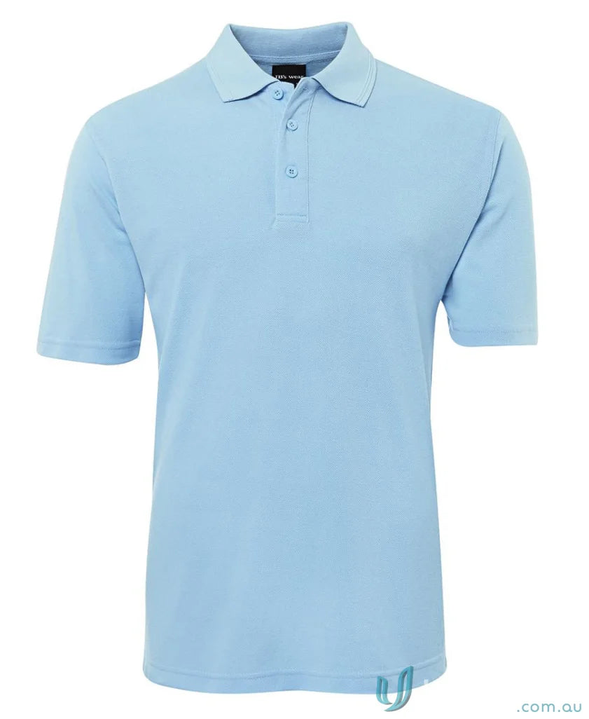 Light blue JBs 210 Polo shirt made of 210gsm pique fabric with herringbone tape details