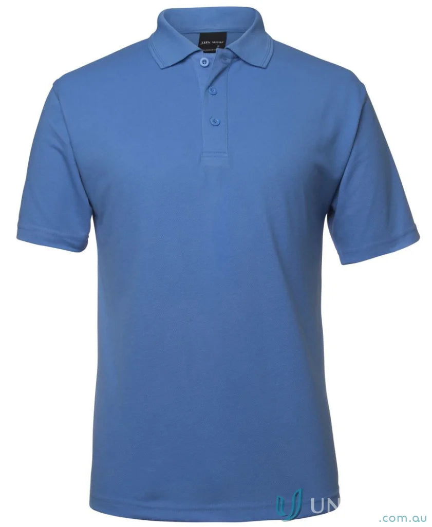 Blue short-sleeved polo shirt made from 210gsm pique fabric with herringbone tape detailing