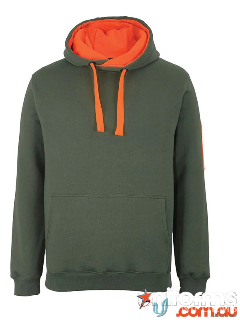 Olive green JB’S 350GSM Trade Hoodie with perfect fit and orange lining