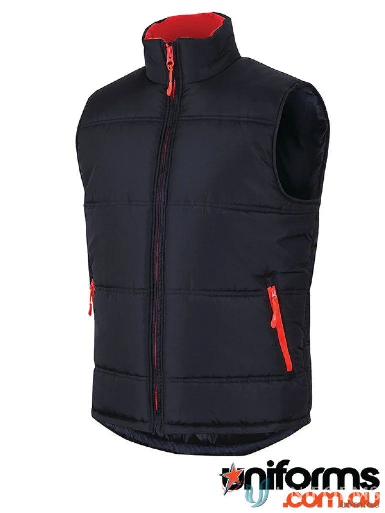 Black padded JB’S Adult Contrast Puffer Vest with red interior collar and zippers