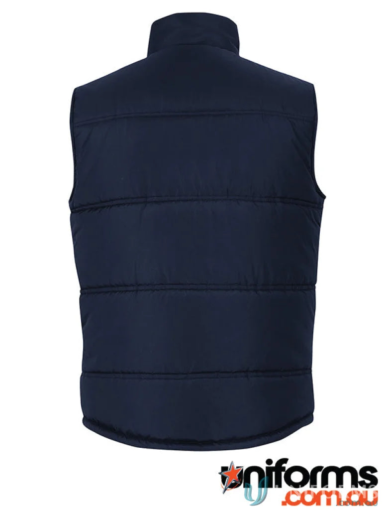 Dark blue adult contrast puffer vest with stand-up collar and extra-thick polyfill insulation