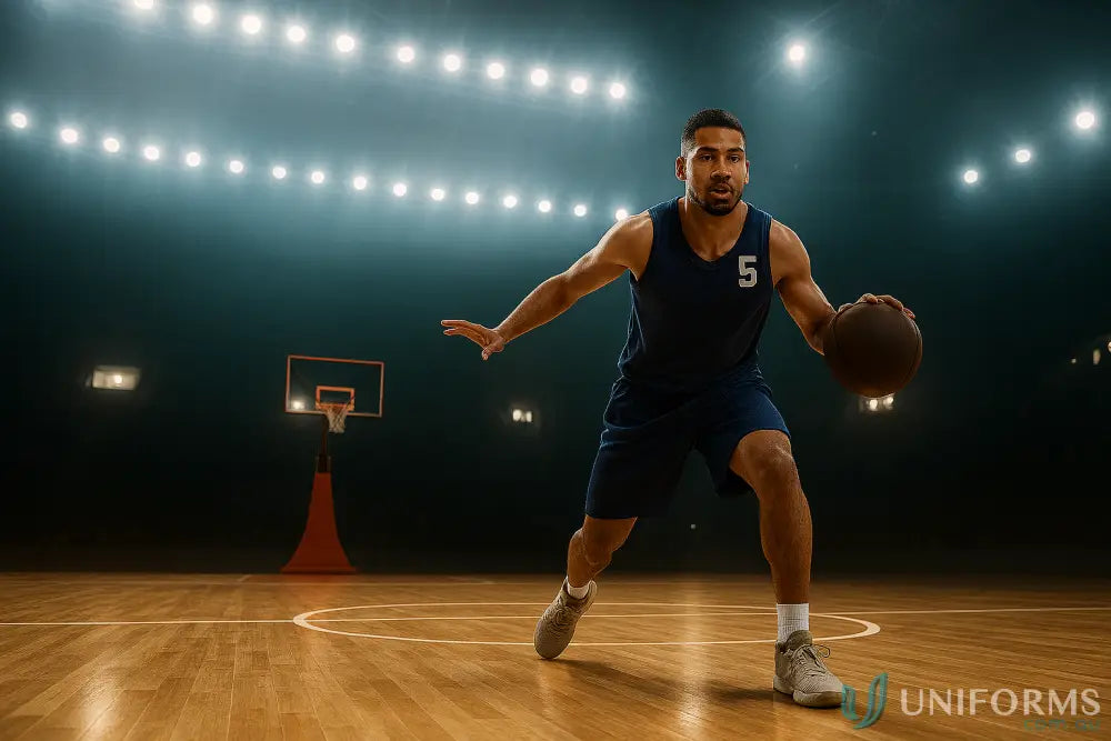 Basketball player dribbling on court in JB’S Adults Basketball Shorts with mesh fabric 140gsm