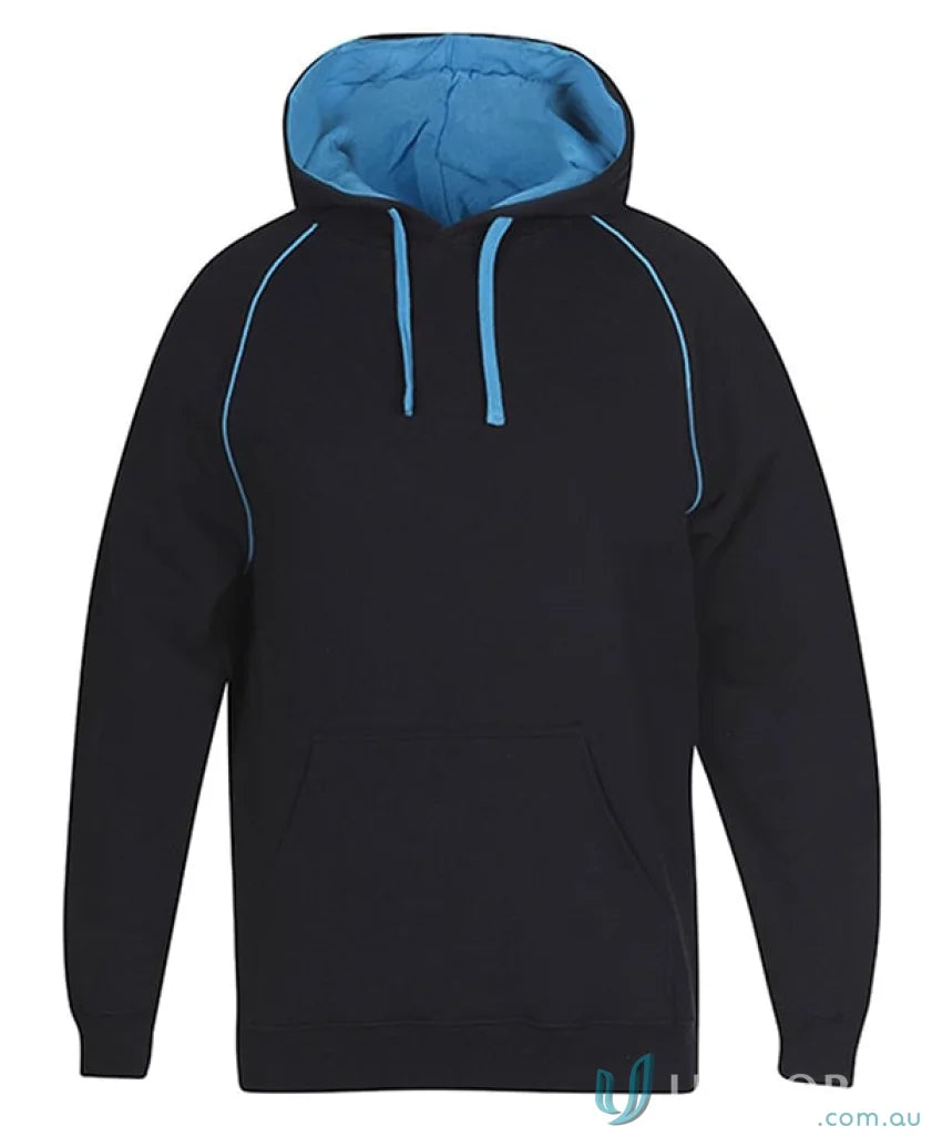 Black hoodie with blue accents from JB’s Adults Contrast Fleecy Hoodie made of cotton-rich CVC fleece