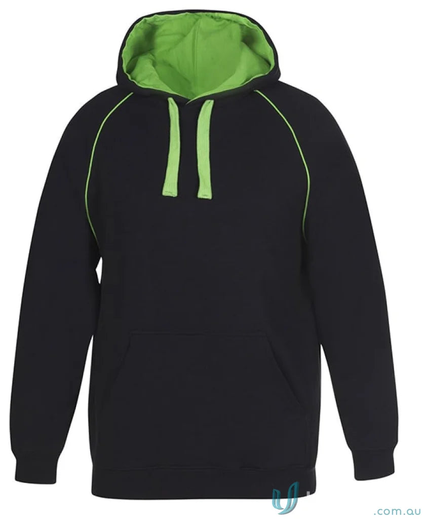 Black hoodie with green accents from JB’s Adults Contrast Fleecy Hoodie in cotton-rich CVC fleece