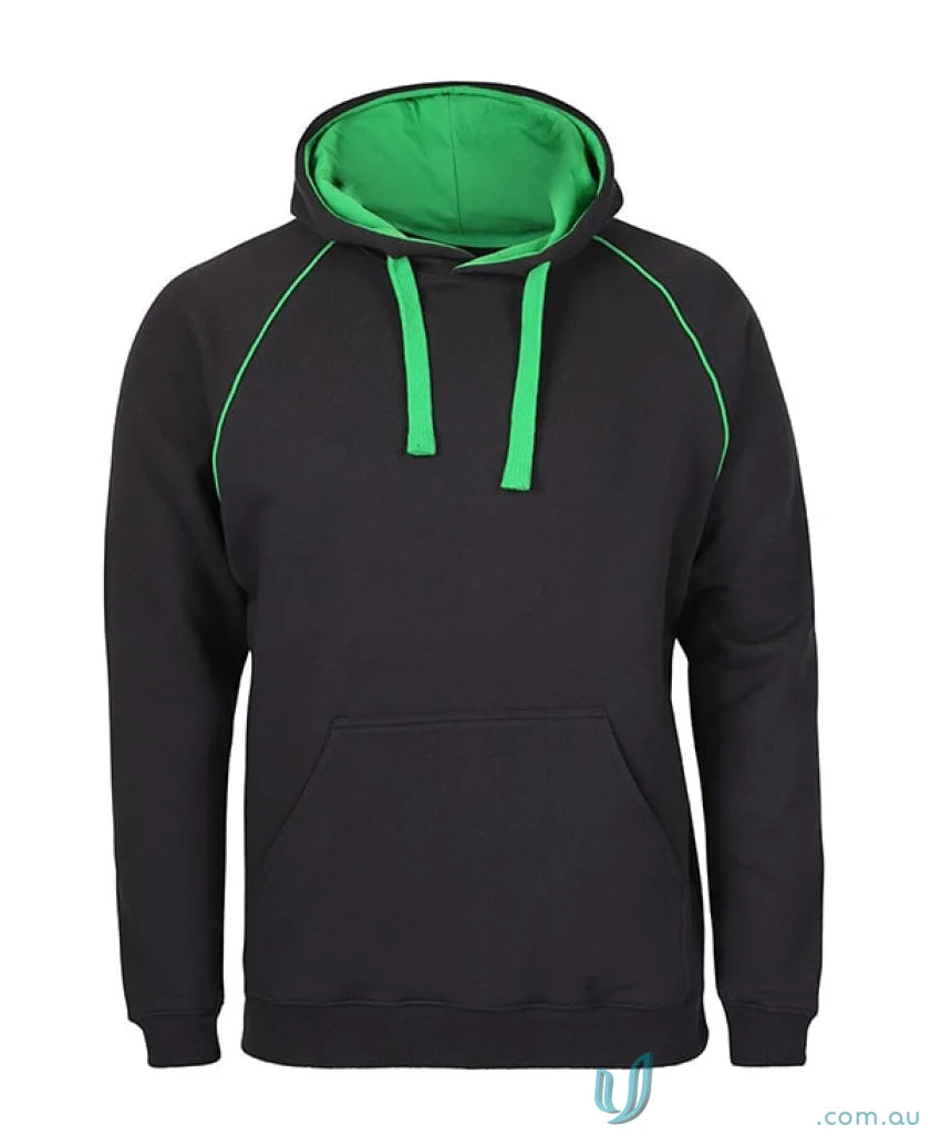 Black hoodie with green trim from JB’s Adults Contrast Fleecy Hoodie, made of cotton-rich CVC fleece