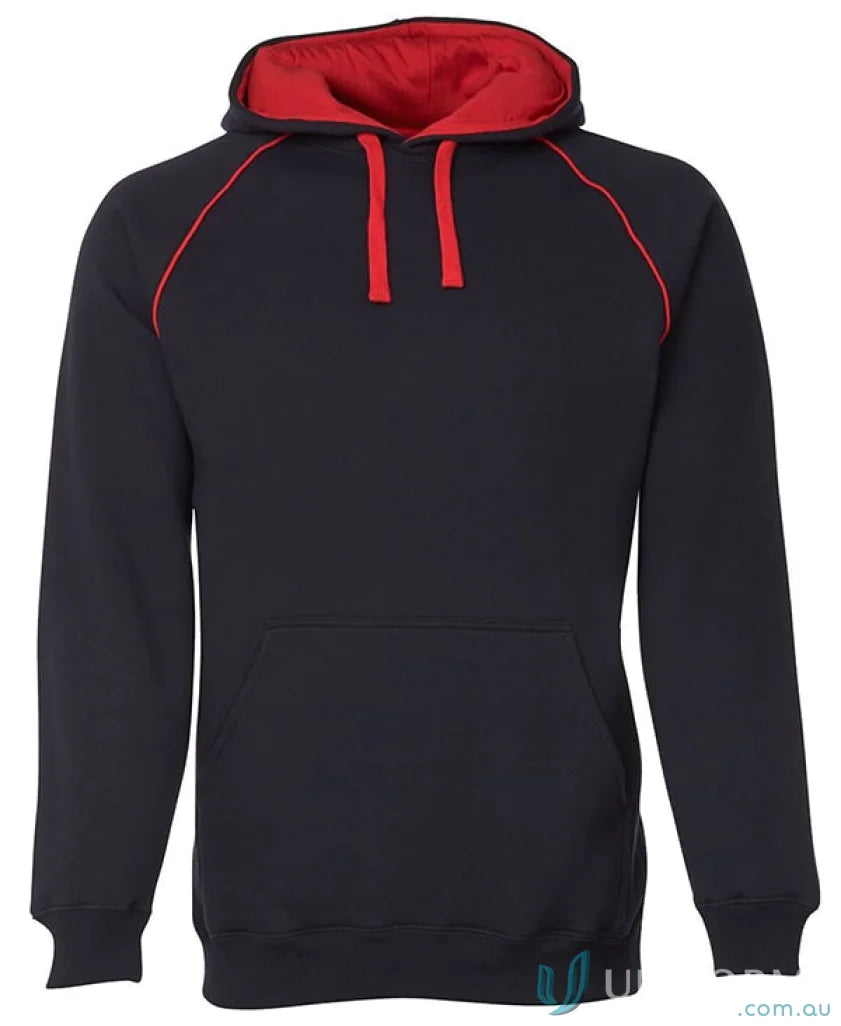 Black hoodie with red trim from JB’s Adults Contrast Fleecy Hoodie, made of cotton-rich CVC fleece