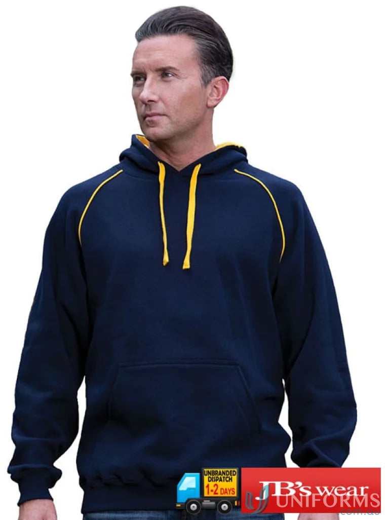 Navy and yellow contrast fleecy hoodie from JB’s Adults Contrast line, cotton-rich CVC fleece