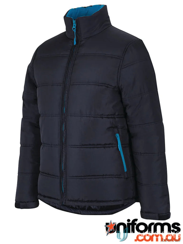 JB’S Adults Contrast Puffer Jacket with navy blue polyester pongee shell and bright blue accents