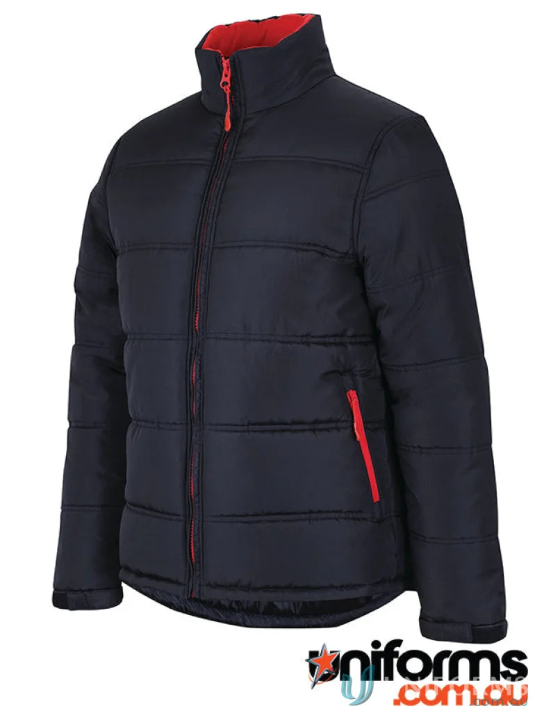 Navy blue JB S Adults Contrast Puffer Jacket with red interior and zippers, polyester pongee shell