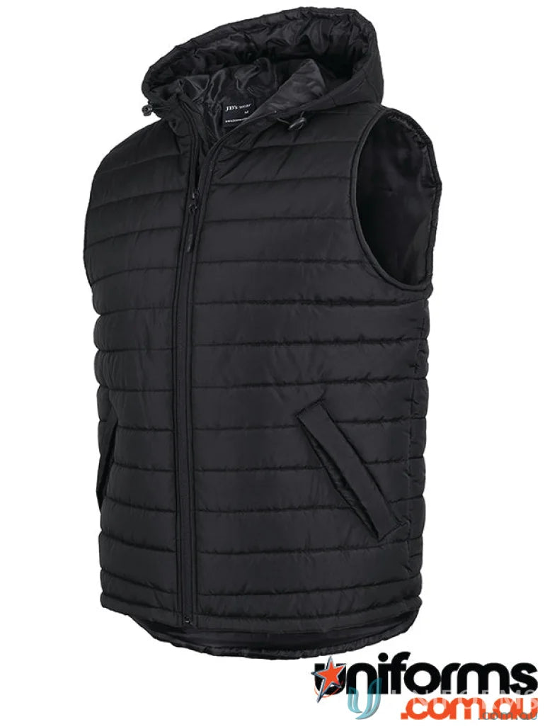 Black JB’s Adults Hooded Puffer Vest with horizontal design lines and zip front closure