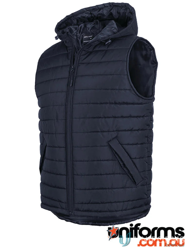 Navy blue JB’s Adults Hooded Puffer Vest with horizontal design lines and zip closure