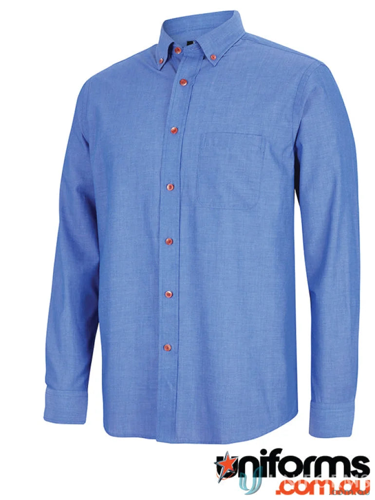 Blue long-sleeved button-down shirt made from indigo fabric blend for a stylish look