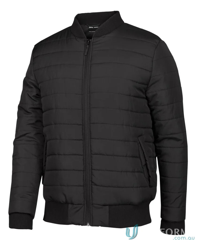 Black quilted bomber jacket with hand pockets water-shedding polyester pongee shell