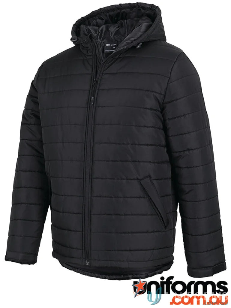 Black JB’s Adults Puffer Jacket with horizontal design lines and polyester pongee shell