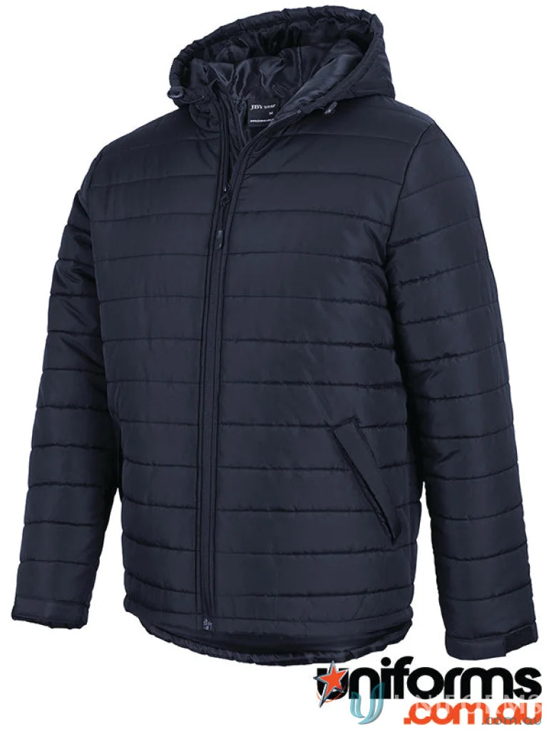 Dark blue JB’s Adults Puffer Jacket with horizontal design lines and polyester pongee shell