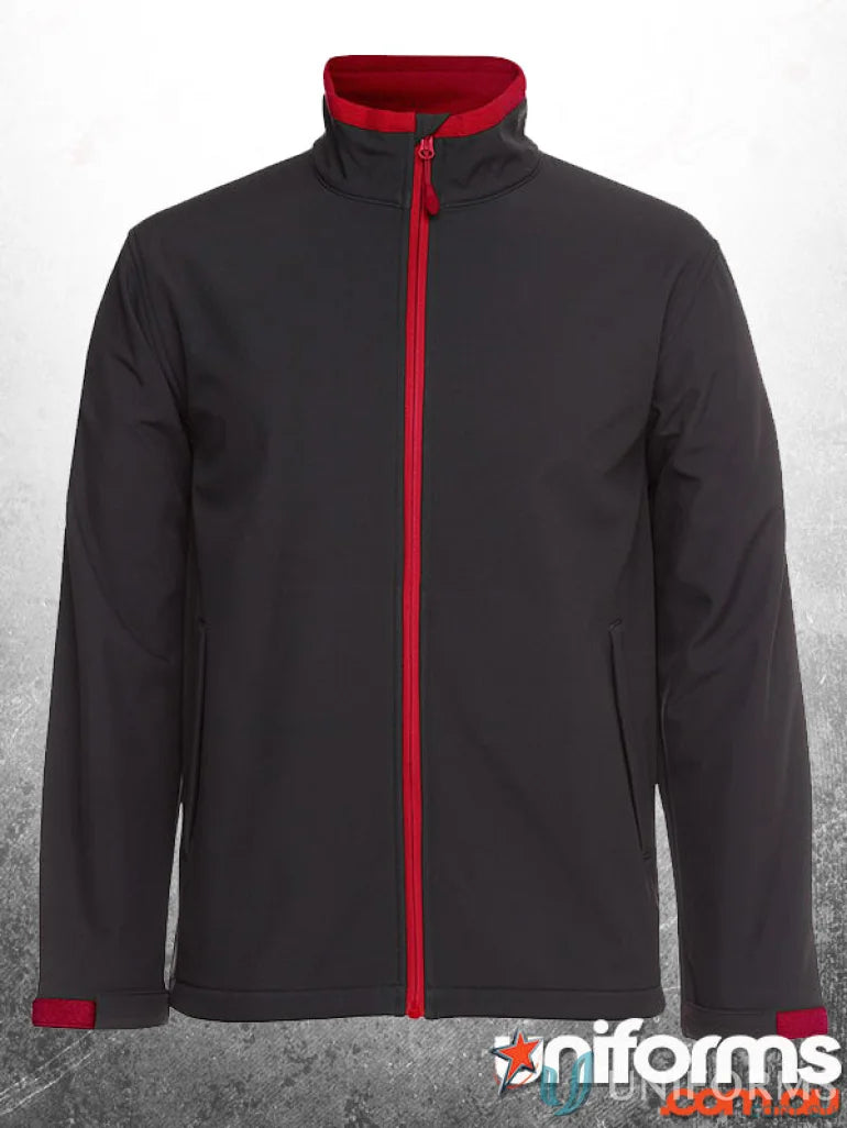 Black softshell jacket with red trim and zip puller from JBs Adults stay dry gear